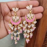 Lightweight meenakari and long pearl earrings made of alloy gold plated. From artificial stone and cupid pink pearl