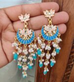 Lightweight meenakari and long pearl earrings made of alloy gold plated. From artificial stone and cyan blue pearl