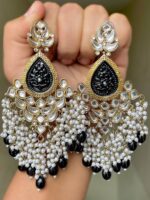 Zaveri Black Beautiful Premium Quality Mehndi Polish Kundan Long Earrings gold plated Alloy material artificial white bead