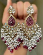 Zaveri Blackberry Beautiful Premium Quality Mehndi Polish Kundan Long Earrings gold plated Alloy material artificial white bead