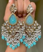 Zaveri Cyan blue Beautiful Premium Quality Mehndi Polish Kundan Long Earrings gold plated Alloy material artificial white bead