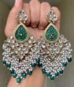 Zaveri Dark Green Beautiful Premium Quality Mehndi Polish Kundan Long Earrings gold plated Alloy material artificial white bead