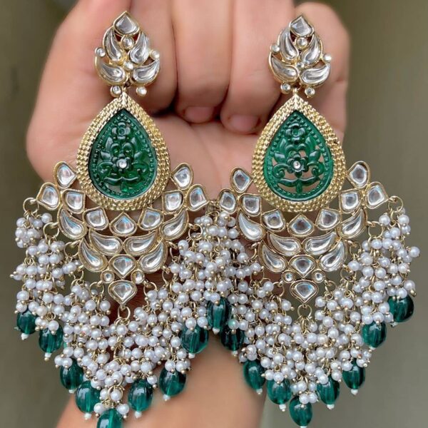 Zaveri Dark Green Beautiful Premium Quality Mehndi Polish Kundan Long Earrings gold plated Alloy material artificial white bead