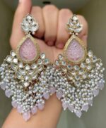 Zaveri Light Purple Beautiful Premium Quality Mehndi Polish Kundan Long Earrings gold plated Alloy material artificial white bead