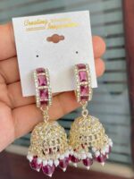 Saloni beautiful Blackberry pendant earrings whose base metal is copper and plating is gold, with artificial stones and pearls.